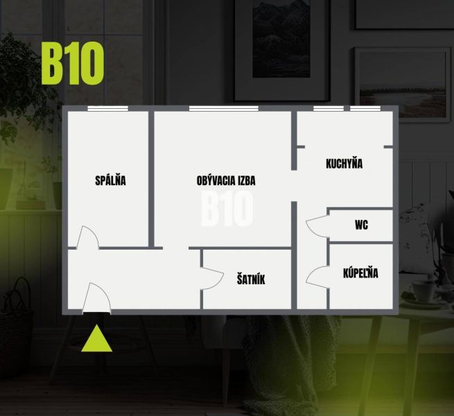 Floor plan of a 2-room apartment with a living room, bedroom, kitchen, bathroom, and closet.
