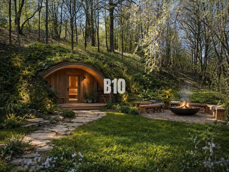 Earth house with a sauna and outdoor seating by the fire pit on a property in Banská Štiavnica.