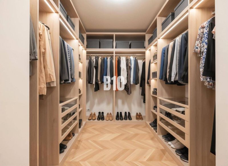 A wardrobe with a wooden decor floor, containing clothes and shoes in a 4-room apartment.