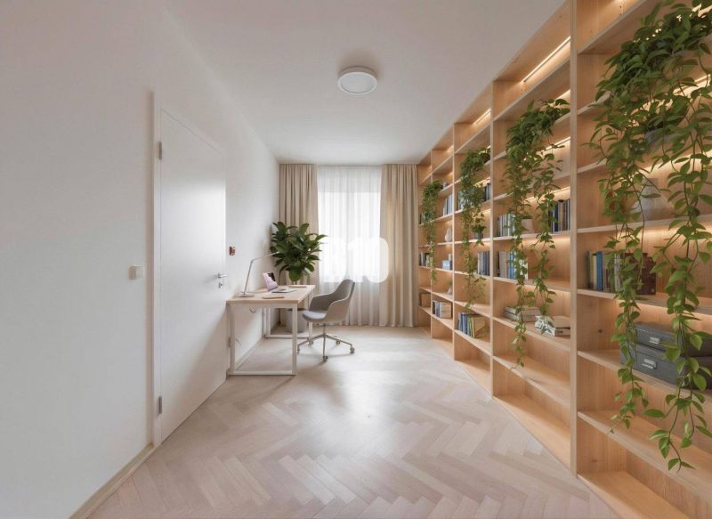 Reading room in a 4-room apartment with shelves, plants, and a desk.