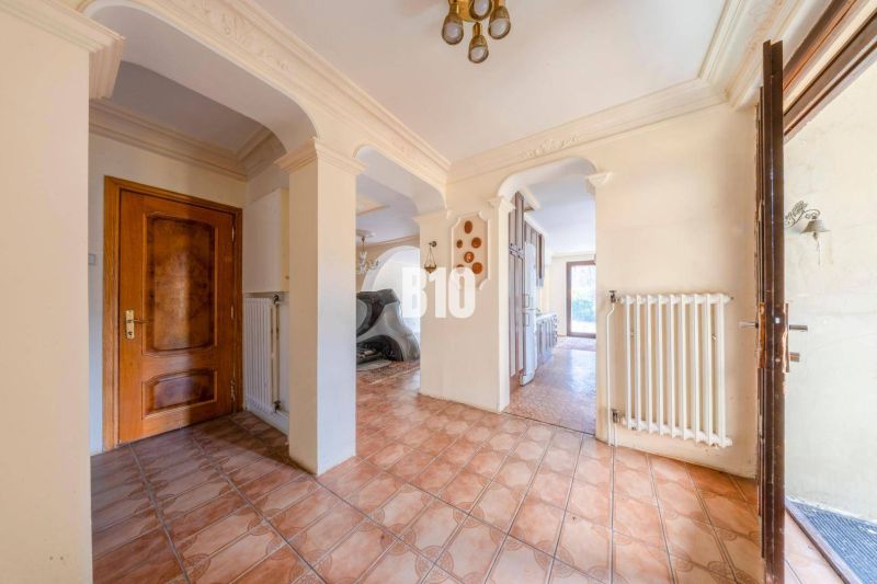 A hallway in a family house with a decorated ceiling and brown doors.