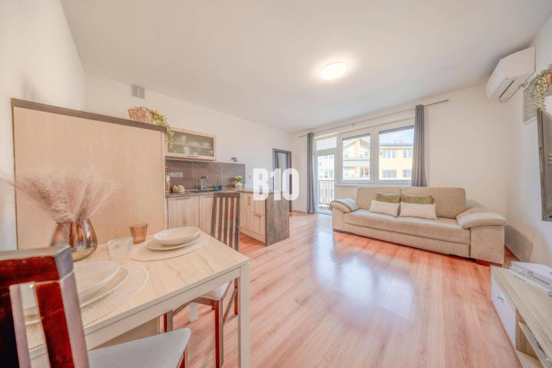 Interior of a 2-room apartment with a wooden decor floor, sofa, and dining table.