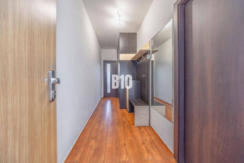 A narrow hallway with a mirror and a wooden decor floor in a 2-room apartment.