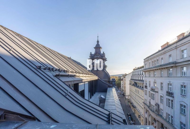 A view of the roofs and architecture on Gorkého Street in Bratislava, Old Town.