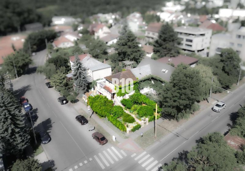 A family house in the Bratislava - Staré Mesto area, surrounded by greenery and a road with cars.