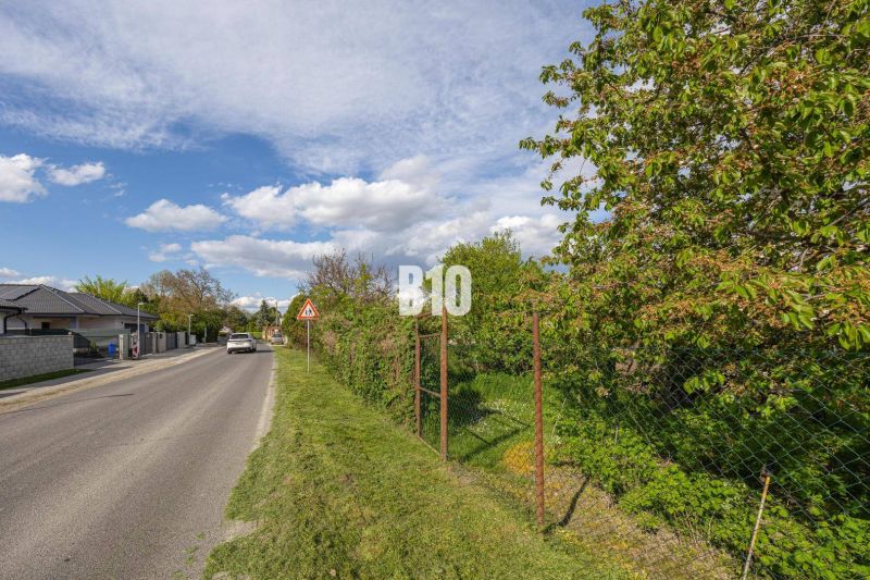 A road in Dunajská Lužná with residential plots surrounded by greenery and a fence.