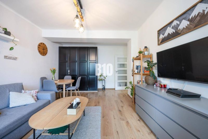 Living room with wood-patterned flooring, a television, and a dining table in a 2-room apartment.