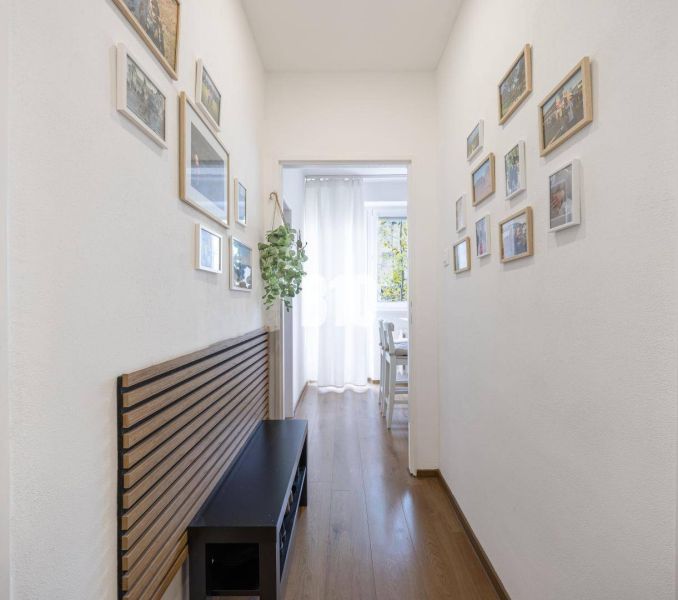 A hallway in a 2-room apartment with floor decor and hanging pictures on the walls.