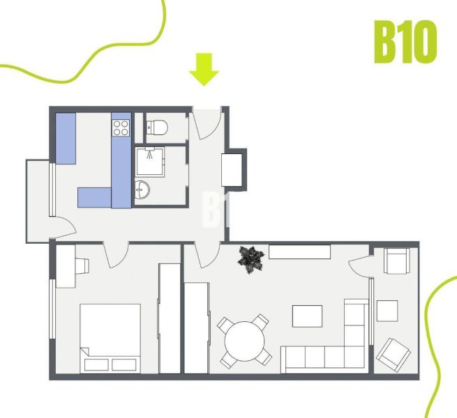 Floor plan of a 2-room apartment with a kitchen, bathroom, and living room.