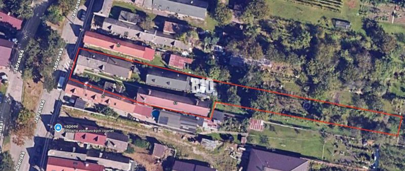 Aerial view of the plots - housing on Jadranská Street in Bratislava IV, surrounded by greenery.