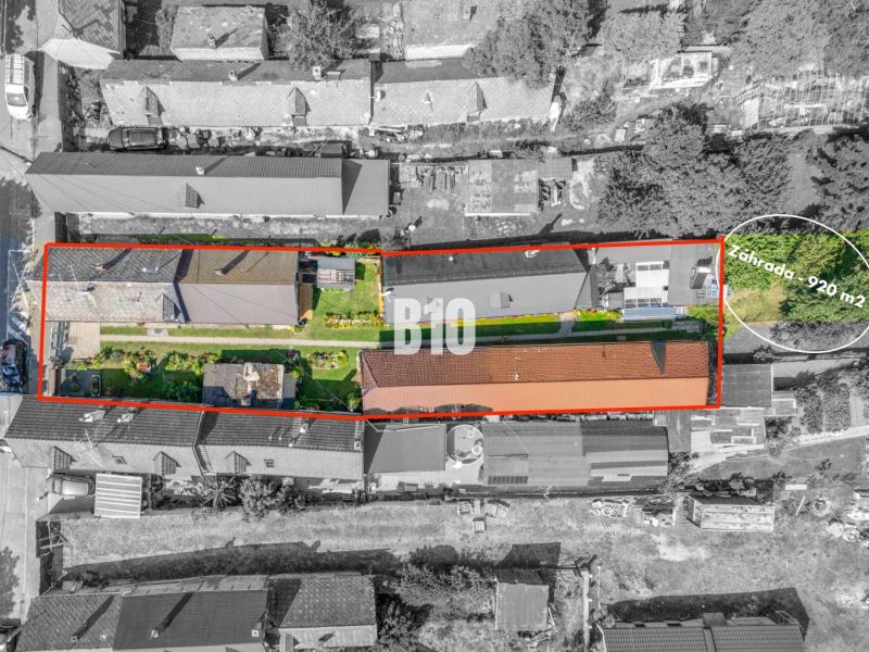 Aerial view of properties - housing on Jadranská Street in Bratislava IV with a garden.