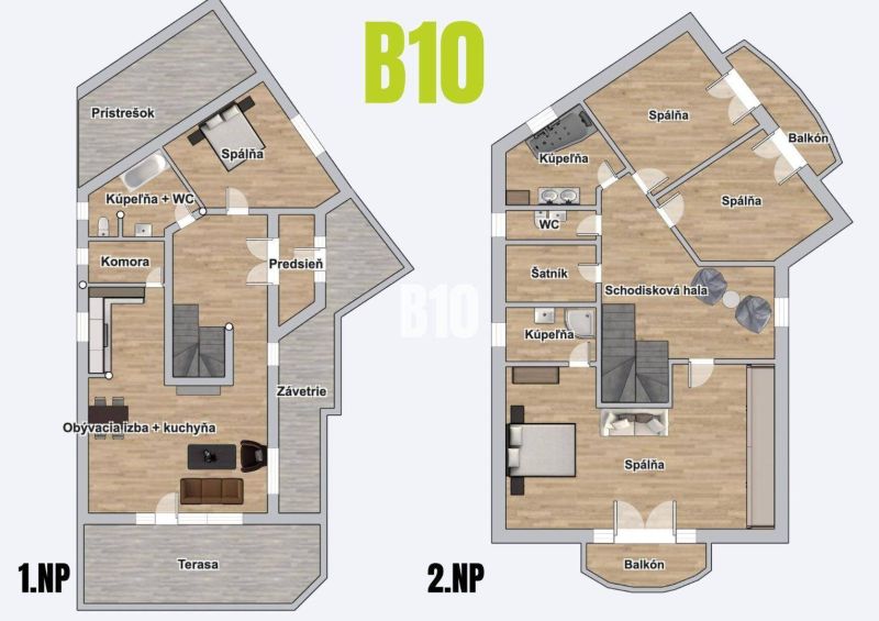 Floor plan of a family house with rooms and facilities on two levels.