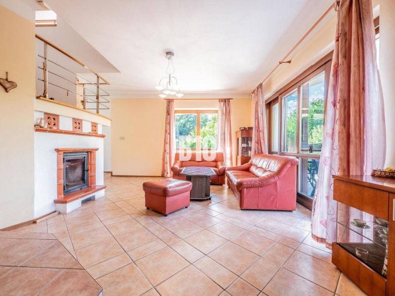 Living room in a family house with a fireplace, red sofa, and windows with a view.