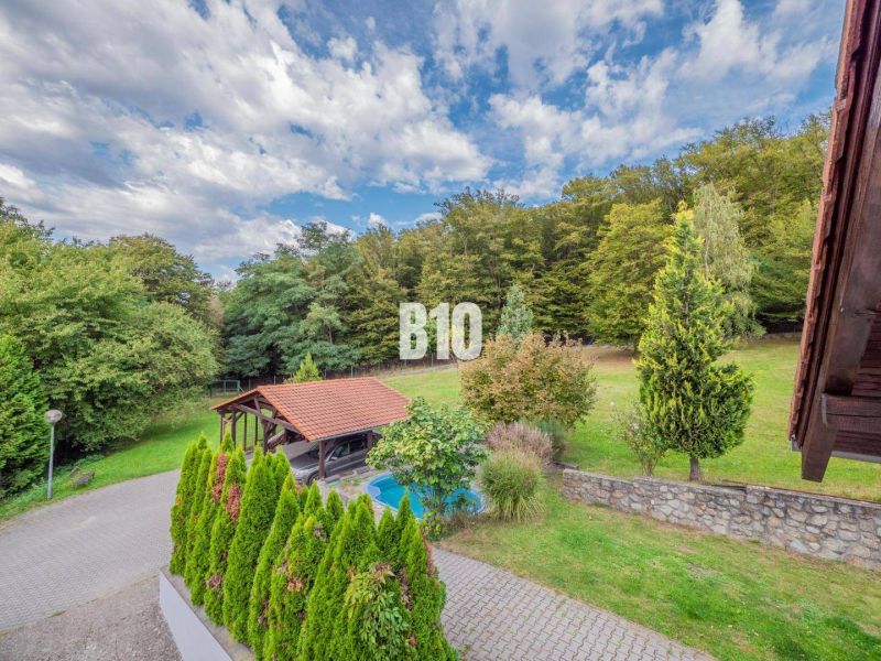 A garden with a shelter in Marianka by a family house, surrounded by trees and a lawn.