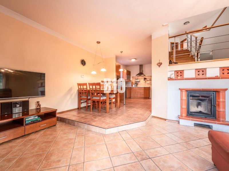 Living room of a family house with a fireplace, dining table, and kitchen with tiles.