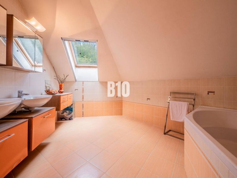 A family house space with two sinks, a bathtub, a skylight, and orange details.