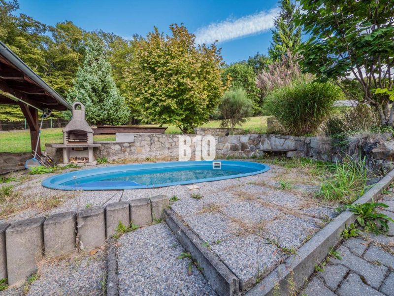 The garden of a family house in Marianka with a grill and a swimming pool surrounded by greenery.