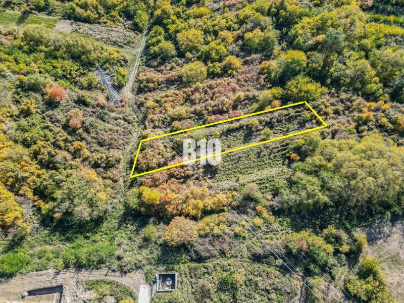 Aerial view of a plot in the Gardens of Bratislava III surrounded by wooded landscape.