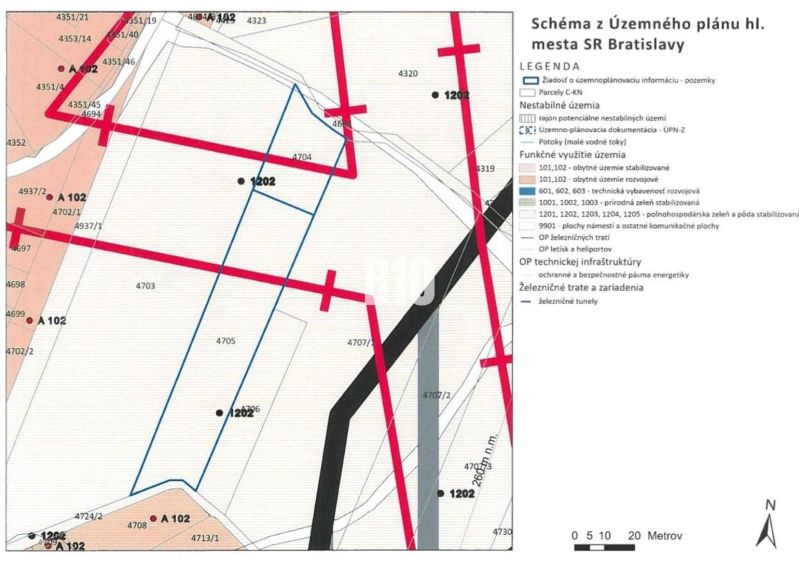 Map of the land-use plan Bratislava III showing the functional use of plots and railway tracks.