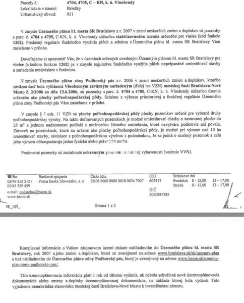 Document on the land-use plan for plots in Vinohrady, Bratislava, with a designated function for vineyards.