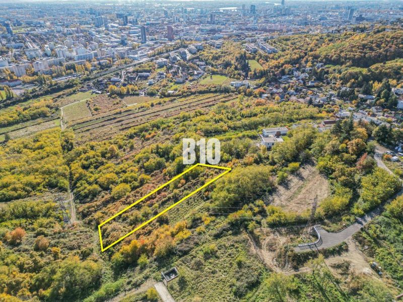 Aerial view of gardens in Bratislava III with forest vegetation and city skyline.