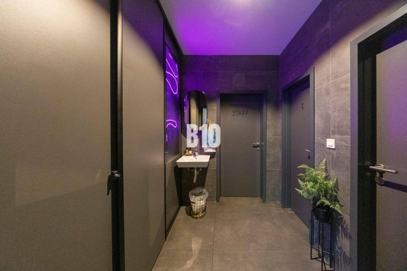 Interior of gastro spaces with lighting, floral decoration, and a sink.