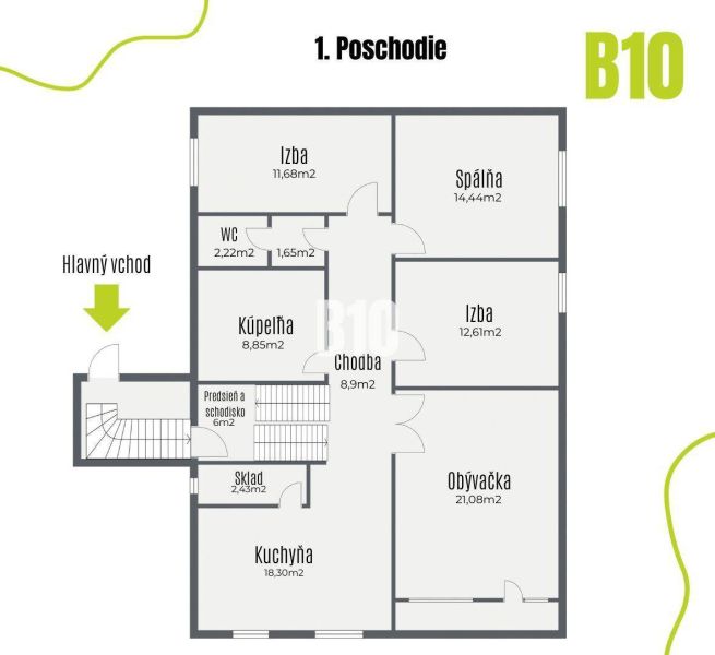 Floor plan of the first floor of a family house with a bedroom, living room, and kitchen.