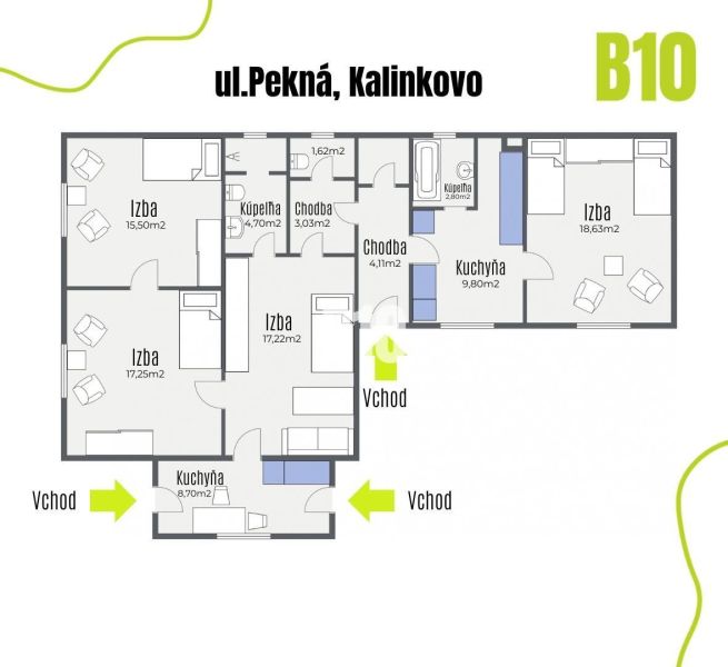 The floor plan of the family house in Kalinkovo includes rooms, bathrooms, and kitchens with two entrances.