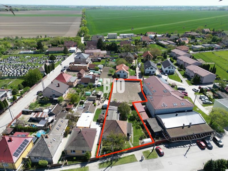 Aerial view of family houses in Kalinkovo, with the plot marked by a red line.