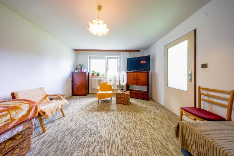 A living room in a family house with carpeted flooring and simple furniture.