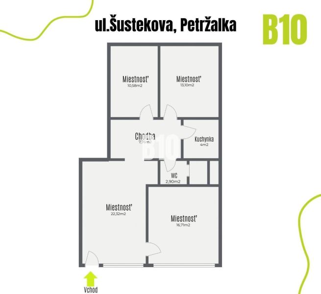 The floor plan of commercial premises on Šustekova Street in Bratislava represents the arrangement of rooms.