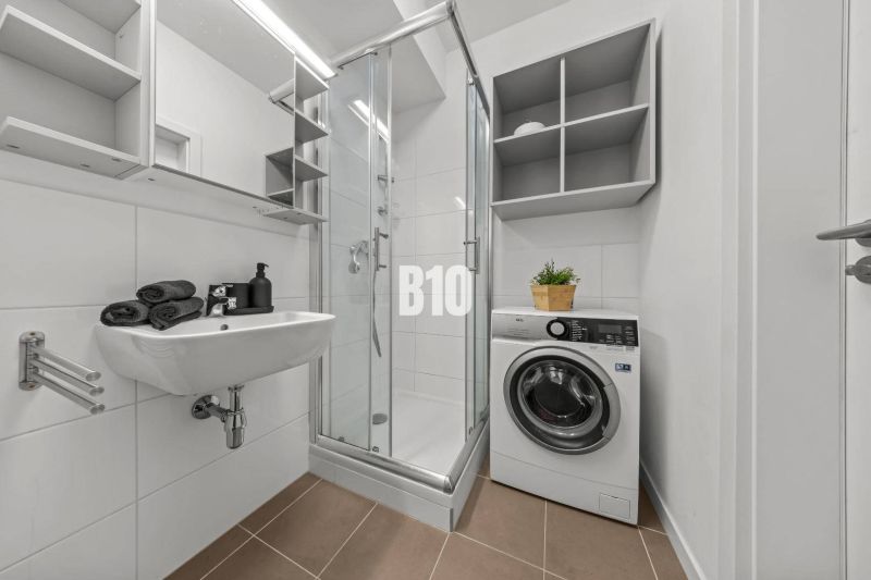 Bathroom with a sink, shower, and washing machine in a studio apartment.