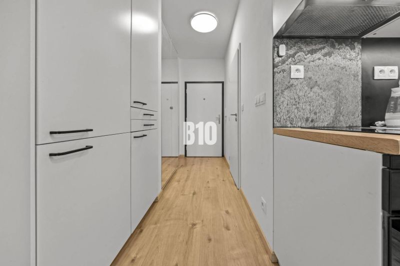 A hallway in a one-room apartment with a wooden decor floor and white cabinets.