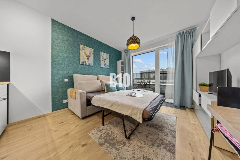 Bright living room with a sofa bed and access to the balcony in a studio apartment.