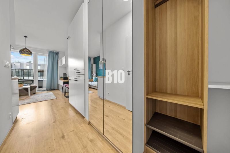 In a one-room apartment with a wooden decor floor, there are mirrored wardrobes and a balcony.