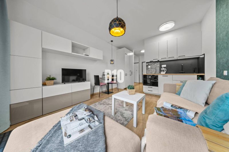 Living area of a studio apartment with a wood-patterned floor and a kitchenette.