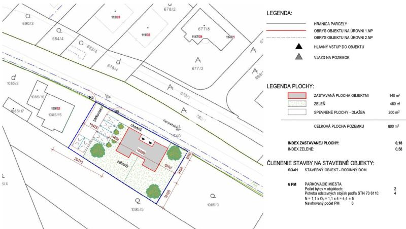 A proposal for a plot of land in Marianka for residential use, including areas for a house, greenery, and walkways.