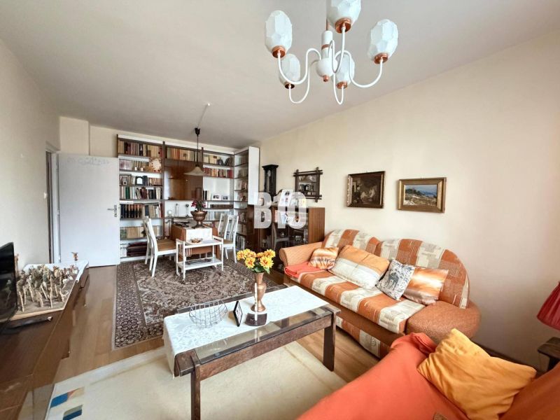 Living room in a 3-room apartment with a wooden decor floor, a carpet, and a comfortable couch.