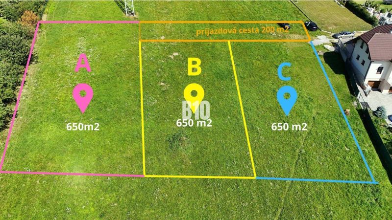 Plots in Nesluša for residential purposes, divided into three parcels of 650 m² each.