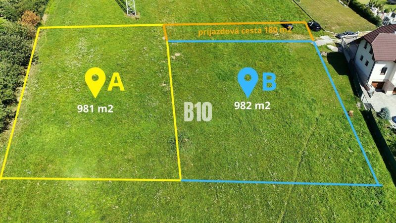 Lands - housing in Nesluša, divided into two parcels: A (981 m²) and B (982 m²).