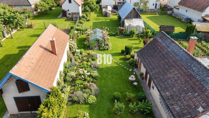 Garden arrangement between family houses in Turany with a manicured lawn and a greenhouse.