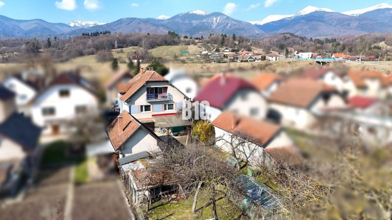A family house in Turany with a view of snow-capped mountains and a garden.