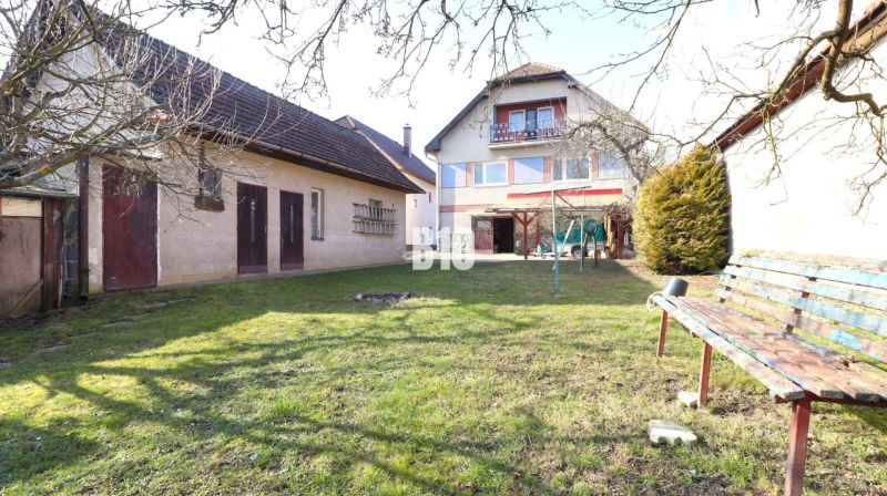 Garden view of a family house in Turany with a garden and a gazebo on the lawn.