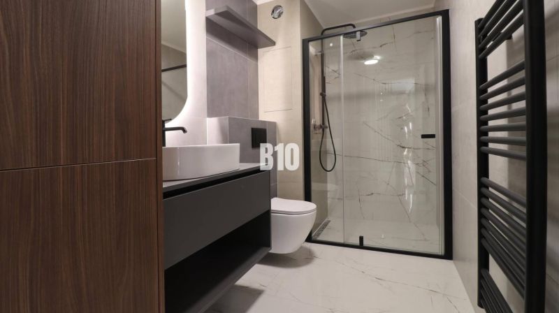 Bathroom in a 2-room apartment with a frameless shower and a sink on a wooden decor.
