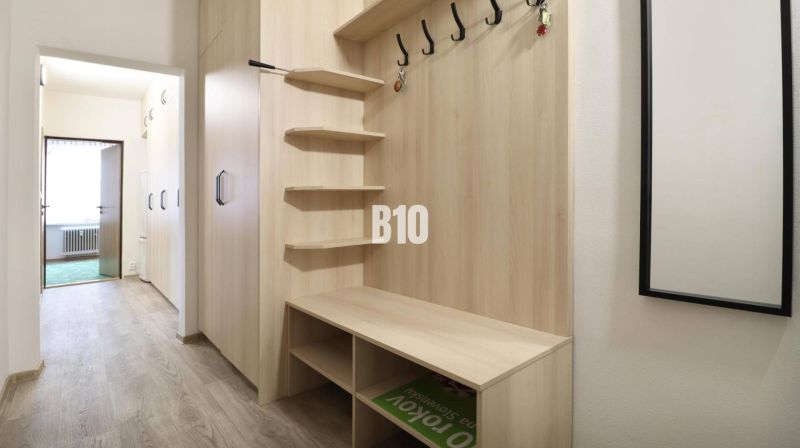 A hallway in a 3-room apartment with a wooden decor floor, a wall mirror, and coat hooks.