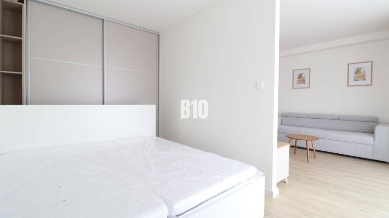 A bright room in a one-bedroom apartment with a sofa, bed, and wood-patterned flooring.