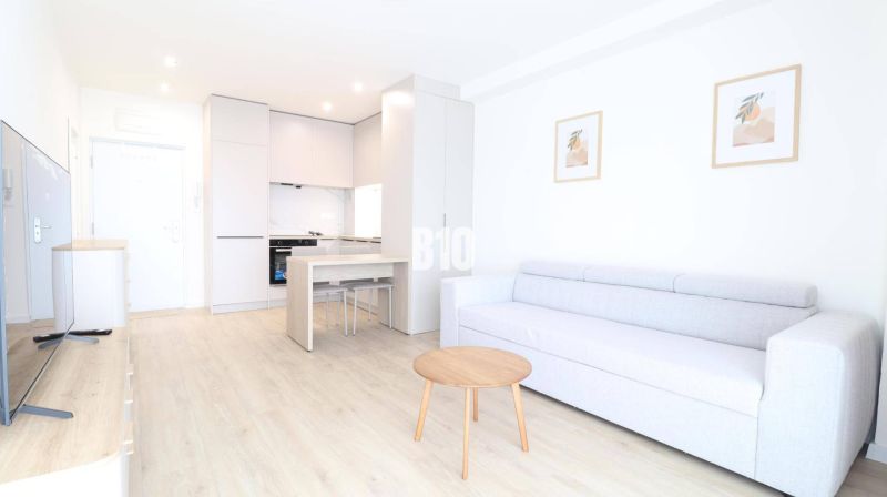 Living room in a one-bedroom apartment with a wooden decor floor and light furniture.