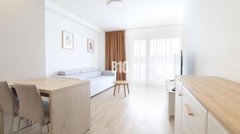 A bright living space in a studio apartment with wood-patterned flooring and furniture.