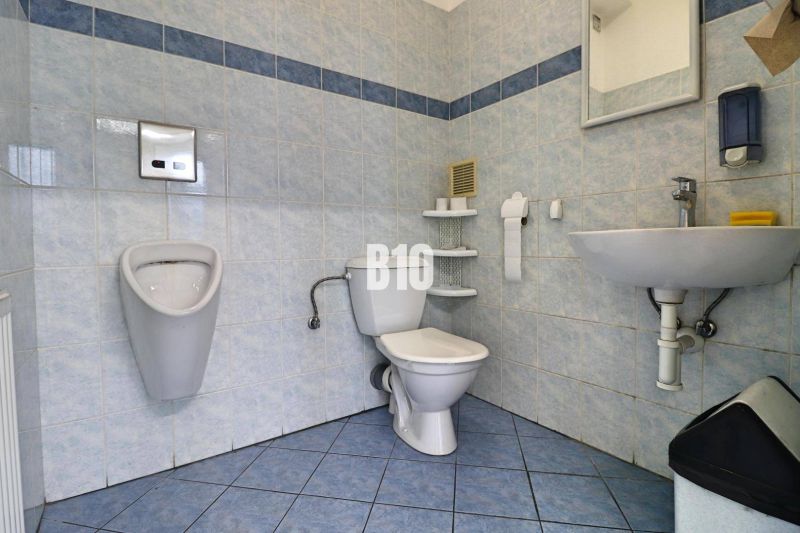 Office restroom with blue tiles and sanitary equipment.