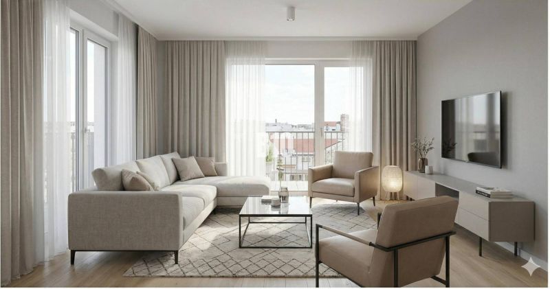 Living room with a sofa, armchairs, and a wooden decor floor in a 2-room apartment.